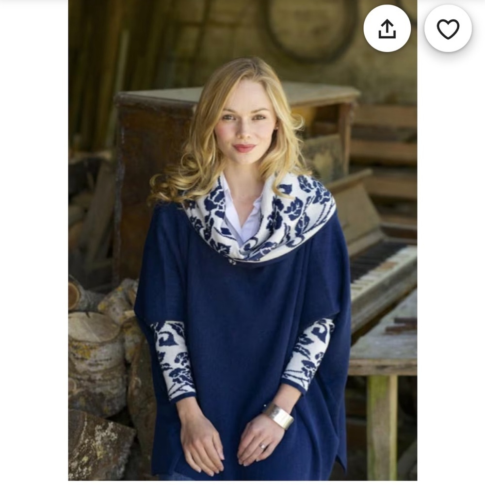 Peru Etnico 100% Alpaca Wool Navy Blue Primavera Poncho Jumper Cowl Neck Sweater